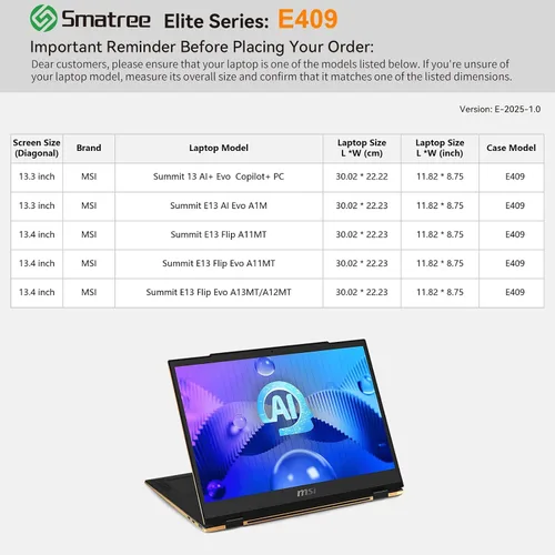 Vista 2 de Smatree Funda para portátil MSI Summit 13 AI+Evo Copilot+PC/E13 AI Evo A1M, para Summit E13 Flip Evo de 13.4 pulgadas, funda con bolsillo