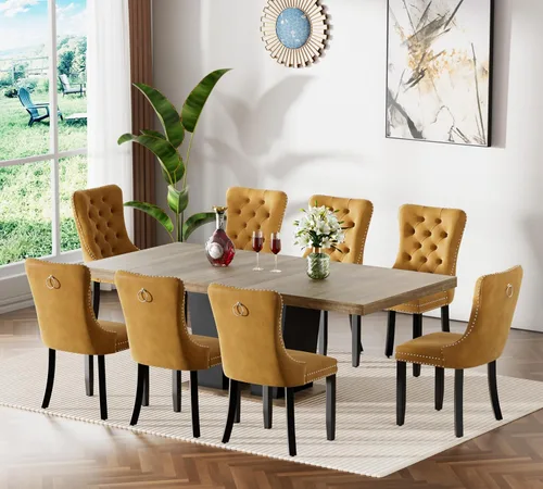Vista 17 de Juego de mesa de comedor extensible de 63 a 79 pulgadas para 4, moderna mesa de cocina expandible con 4 sillas de terciopelo, mesa de madera gruesa