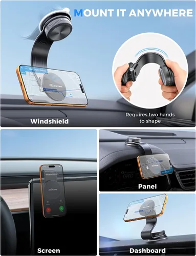 Vista 2 de Magsafe - Soporte magnético para teléfono con brazo de aleación flexible para tu coche 8” long, Dashboard, Windshield, Vacuum Suction Cup, 22 N55