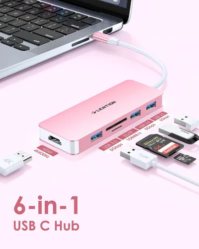 Vista 3 de LENTION Concentrador USB C 6 en 1, 3 USB3.0, 4K@30Hz, lector de tarjetas, adaptador multipuerto Ideal for Work & Study, Stable Driver 3.0