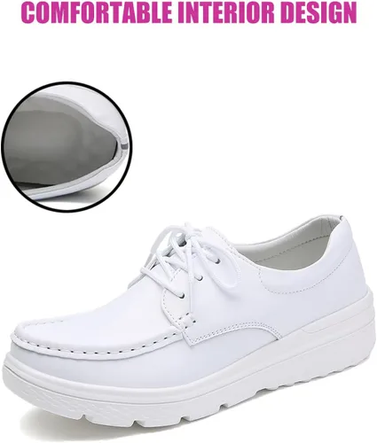 Vista 4 de DirraBra Mocasines de cuero para mujer, con plataforma, con cordones, transpirables, ligeros, cómodos