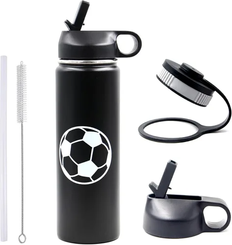 Vista 7 de Botella de agua de baloncesto de 12 onzas, botella de agua deportiva aislada al vacío de acero inoxidable con popote y 2 tapas, botella de agua