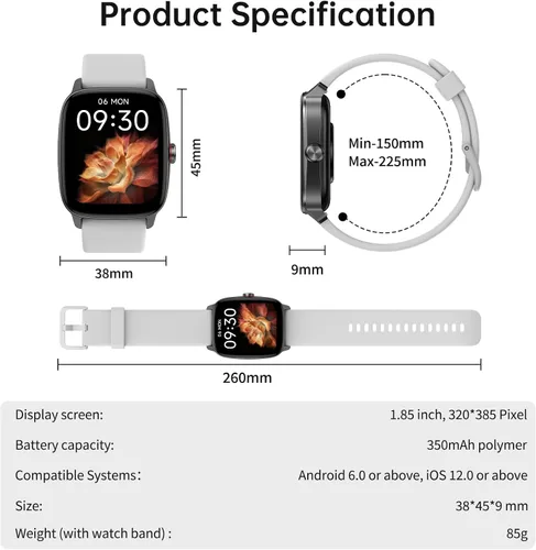 Vista 9 de Relojes inteligentes para mujeres y hombres con llamada Bluetooth y voz AI, monitor de actividad física HD de 1.85 pulgadas con monitor de sueño