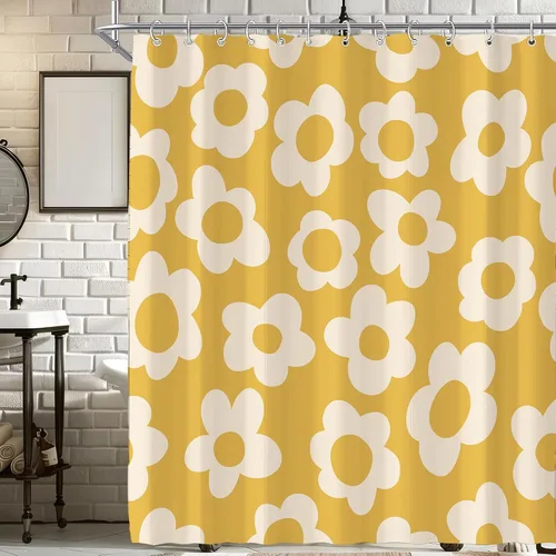 Vista 46 de Cortina de ducha pequeña para casa rodante, tamaño medio, estilo retro de los 70, con flores bonitas, estética abstracta de margaritas, decorativa
