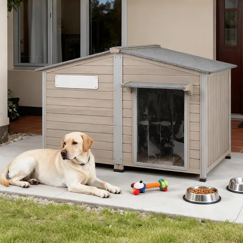 Vista 12 de Gowoodhut Casa para perros al aire libre, resistente a la intemperie, gran perrera de madera para interiores para perros pequeños con marco a prueba