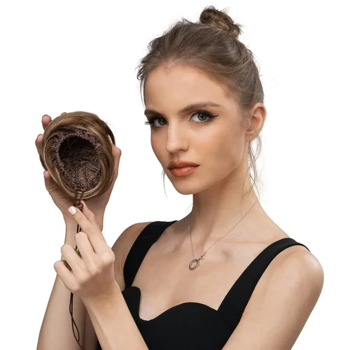 Vista 7 de SARLA Extensiones de moño de pelo falso para mujer, sintético, recogido, con cordón, moño de ballet, piezas de cabello color castaño medio Castaño
