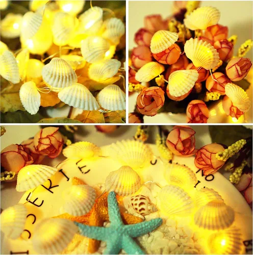 Vista 2 de Conchas marinas naturales, guirnalda de luces de 40 LED, decoración de playa, USB, con 8 modos, control remoto, impermeables, luces de hadas