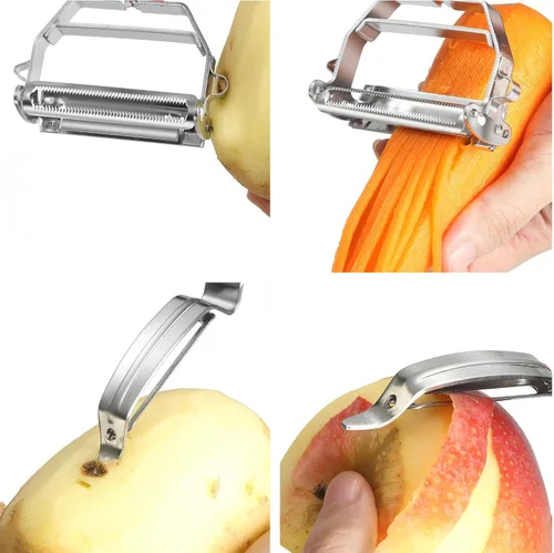 Vista 3 de To encounter Juego de pelador de verduras, pelador de acero inoxidable con cepillo de limpieza, juego de 4 utensilios de cocina ergonómicos ultra