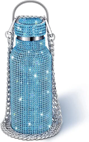 Vista 13 de Geiserailie Botella de agua con diamantes de imitación de acero inoxidable, térmica, recargable, aislada, con cadena, para mujeres y niñas