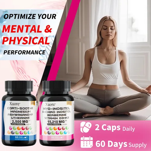 Vista 5 de Paquete de suplemento de cortisol y mio-inositol con ashwagandha, magnesio, l-teanina, d-chiro inositol, folato, berberina, casteberry para aliviar