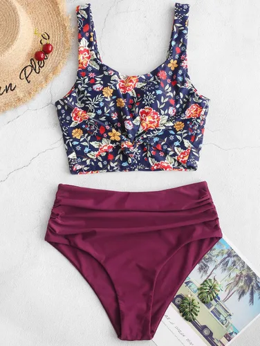 Vista 4 de ZAFUL - Traje de baño estilo bikini de dos piezas con cuello redondo y cintura alta para mujer