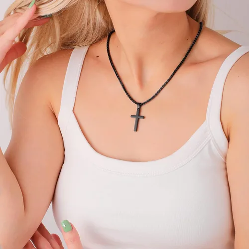 Vista 3 de P. BLAKE Collar con colgante de cruz de acero inoxidable para hombres y niños, colgante de cruz cristiana con cadena de 24 pulgadas