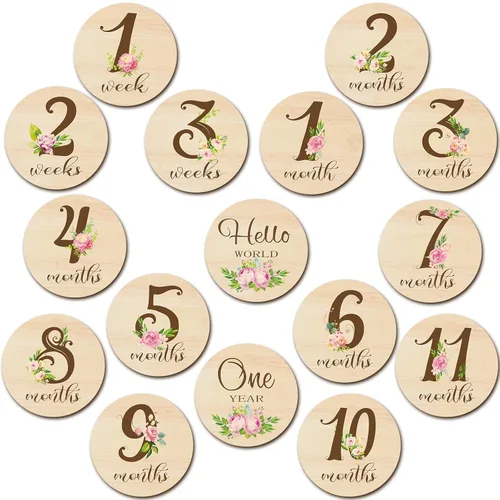 Vista 10 de Tiamon 16 tarjetas mensuales de madera para bebé, discos de marcador de hitos mensuales, círculos de madera de doble cara, letreros de meses