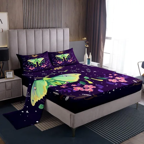Vista 21 de Erosebridal Juego de sábanas de tamaño individual de galaxia con luces polares verde azulado para niños, noche oscura, cielo estrellado, sábana