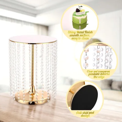 Vista 3 de Juego de 6 soportes de metal para tartas con colgante de cristal, plato redondo para exhibición de postres, pedestal para bodas, fiestas