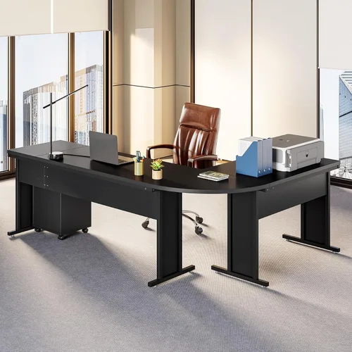 Vista 2 de LITTLE TREE Escritorio ejecutivo grande de 82.67 pulgadas de largo en forma de L para computadora con archivador móvil de 3 cajones, mueble
