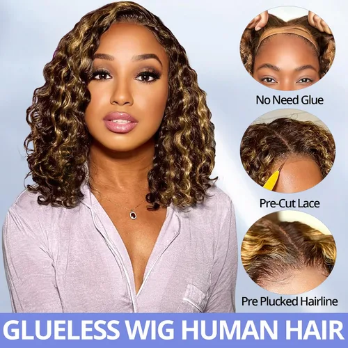 Vista 2 de Pelucas de cabello humano sin pegamento pre arrancadas pre cortadas con reflejos rubios Bob rizado corto con encaje frontal para mujeres negras