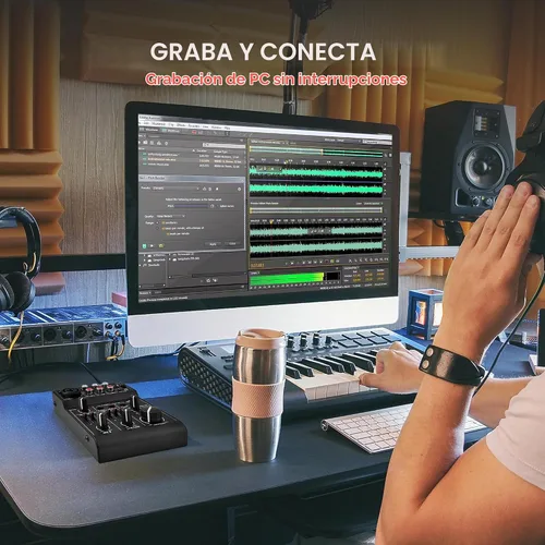 Vista 2 de Pyle Mezclador de audio Bluetooth de 3 canales - Controlador de sonido DJ e interfaz de tarjeta de sonido USB para grabación de PC, entrada XLR