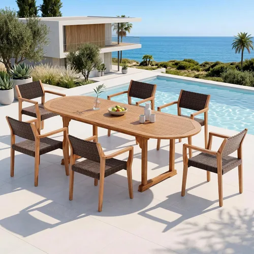 Vista 10 de PHI VILLA Juego de 2 sillas de madera de acacia para exteriores, sillones de comedor resistentes con respaldo y asiento de mimbre, muebles