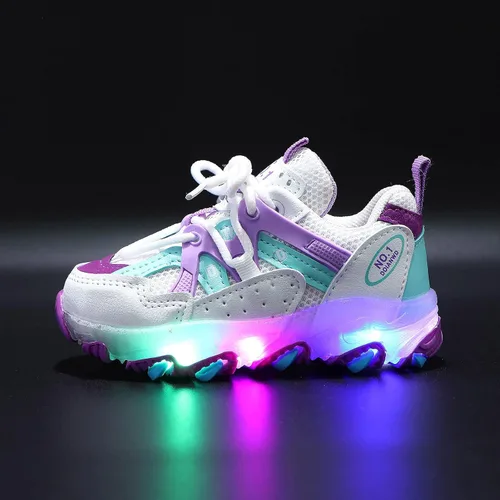 Vista 4 de Zapatos de vestir ajustables para caminar para bebés y niñas zapatos deportivos luminosos zapatos de bebé ligeros con brillo morado 12-18 meses