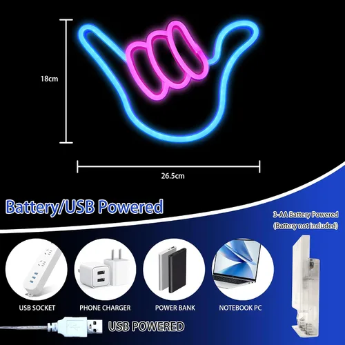 Vista 6 de ENUOLI Shaka Hand - Letreros de neón LED para decoración de pared, lámparas nocturnas alimentadas por USB y baterías, letreros iluminados para Rosa