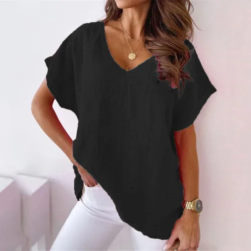 Vista 2 de Camiseta de manga corta para mujer, de algodón, lino, cuello en V, holgada, de manga corta, de gran