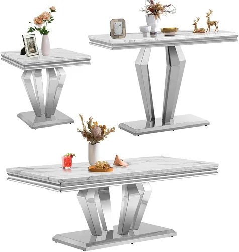 Vista 29 de SSLine Moderna mesa de centro de 1 pieza para sala de estar, mesa de centro de lujo de mármol sintético con patas de acero inoxidable en forma de S