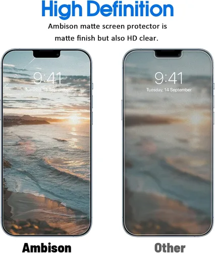 Vista 5 de [Paquete de 2] Ambison Protector de Pantalla de Vidrio Mate Diseñado para iPhone 16e/iPhone 14/iPhone 13/13 Pro, Marco de Instalación/Sin