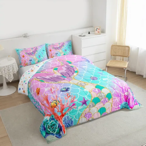 Vista 6 de Erosebridal Juego de edredón tamaño individual para niñas, juegos de ropa de cama de sirena para niñas y niños pequeños, edredón de escamas de peces