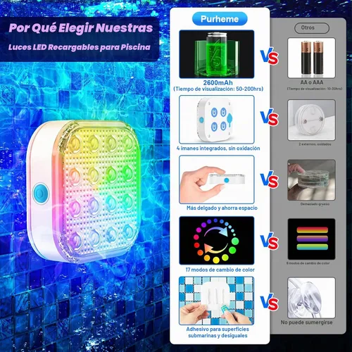 Vista 5 de Luces LED sumergibles con control remoto, luz LED subacuática impermeable, batería recargable, lámpara de 16 colores cambiantes, luces sumergibles