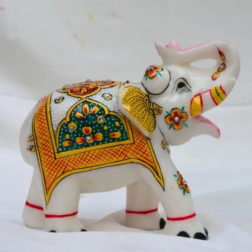Vista 5 de Estatua de elefante de mármol de 5 x 7 pulgadas con pintado a mano Escultura de mármol hecha a mano Estatua de elefante auspicioso Figuras