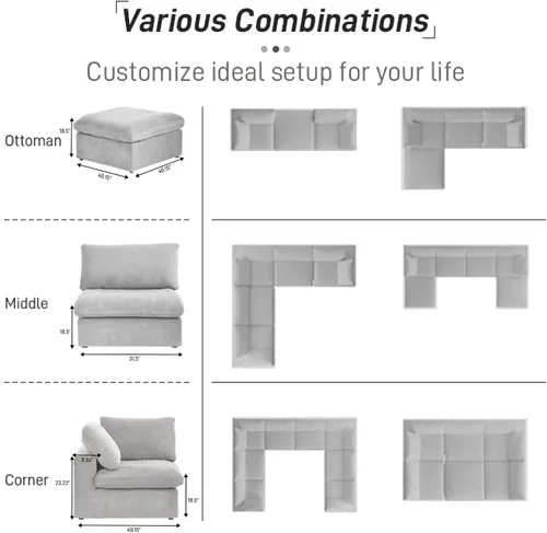 Vista 5 de Sofá seccional modular Cloud, sofá en forma de U con relleno de plumón para sala de estar, juegos de sala de estar de 8 plazas extragrandes