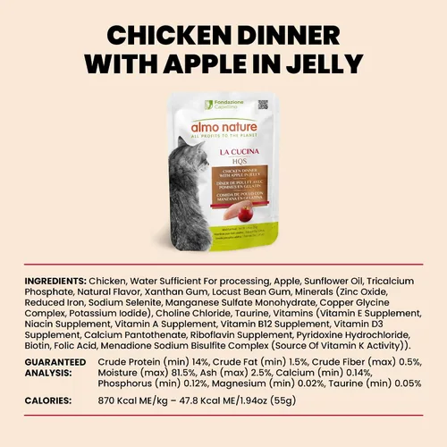Vista 6 de almo nature HQS La Cucina - Pollo con manzana en gelatina, sin granos, sin aditivos, alimento húmedo para gatos adultos, rallado, bolsas, 24 x 55