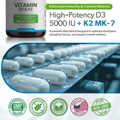 Vista 4 de Suplemento de vitamina D3 K2 de 5000 UI (MK-7 90 mcg) – 120 cápsulas vegetales – Suplemento de vitamina K2 D3 para apoyo óseo, corazón e