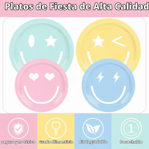 Vista 4 de 199 piezas de decoración de cumpleaños con cara sonriente y juego de platos temáticos y servilletas con temática de pastel sonriente, globo