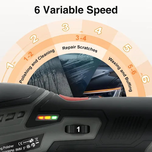 Vista 4 de Pulidora Inalámbrica de 5 Pulgadas DA con 6 Velocidades Variables de 2500-5500 RPM, Batería Recargable de 2.0Ah, Pulidora para Detalles