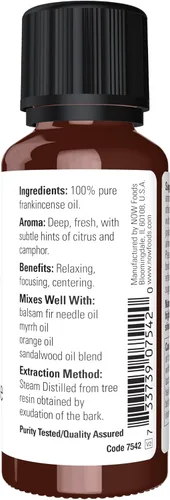 Vista 2 de NOW Aceites esenciales, aceite de incienso, aroma centrado de aromaterapia, destilado al vapor, 100% puro, vegano, tapa resistente a los niños, 1