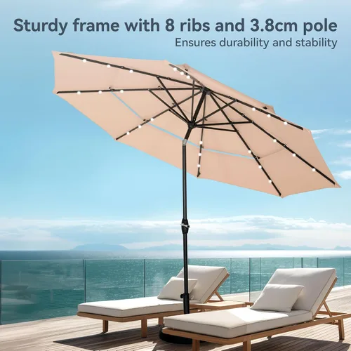 Vista 7 de PHI VILLA 10ft 3 Tier Outdoor Patio Umbrella with 24pcs LED Lights, Beige