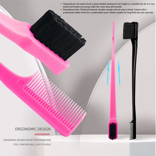 Vista 6 de Soft 'N Style Paquete combinado de peine de doble cara para control de bordes, 4 piezas, rosa y negro