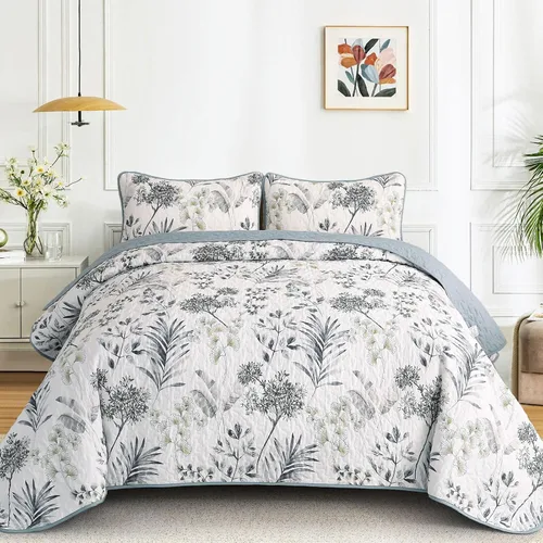 Vista 8 de Anibedding Juego de edredón botánico tamaño Full, 3 piezas reversible, elegante patrón de hojas azules, cubrecama colcha de microfibra suave