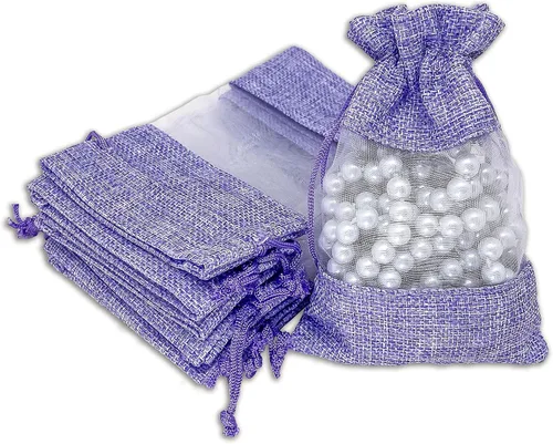 Vista 5 de TheDisplayGuys para tu vida moderna - Paquete de 12 bolsas de regalo pequeñas de arpillera de lino y organza con cordones (8.9x14 cm, gris)
