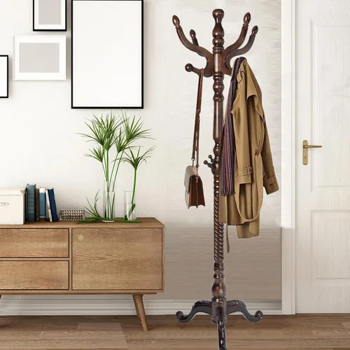 Vista 8 de Percheros independientes con 14 ganchos, soportes de madera natural para entrada, altura ajustable de 73 pulgadas, perchero de árbol para pasillo