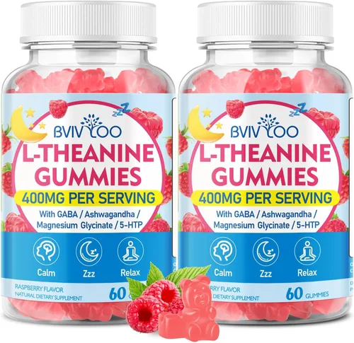 Vista 8 de Gomitas de L-teanina con L-teanina de 400 mg, Ashwagandha, GABA, 5-HTP, glicinato de magnesio para calma, ZZZ y apoyo de relajación, vegano, sabor a