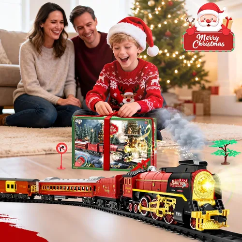 Vista 6 de Juego de tren de Navidad para alrededor debajo del árbol, tren eléctrico para árbol de Navidad con control remoto, sonido, humo y luz, locomotora