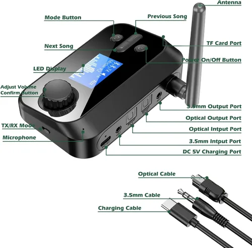 Vista 8 de KAIY - Transmisor Bluetooth para TV a auriculares duales, adaptador AUX Bluetooth Adapter with LCD Display Adjustable Volume, Bluetooth Receiver