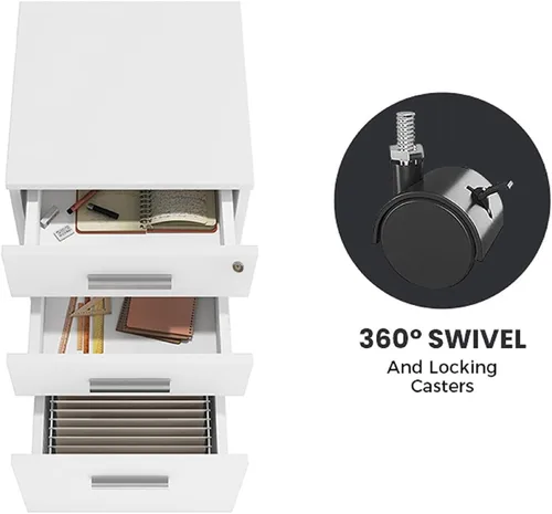 Vista 6 de Archivador móvil con 1 cajón con cerradura, polea de 360 grados, amplio diseño de elevación de escritorio, archivador de madera, archivador rodante