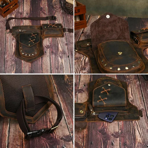Vista 5 de Lona resistente al agua más cuero motocicleta riñonera un hombro gota pierna muslo bolsa para hombres mujeres N211-8, Marrón, Estilo vintage retro