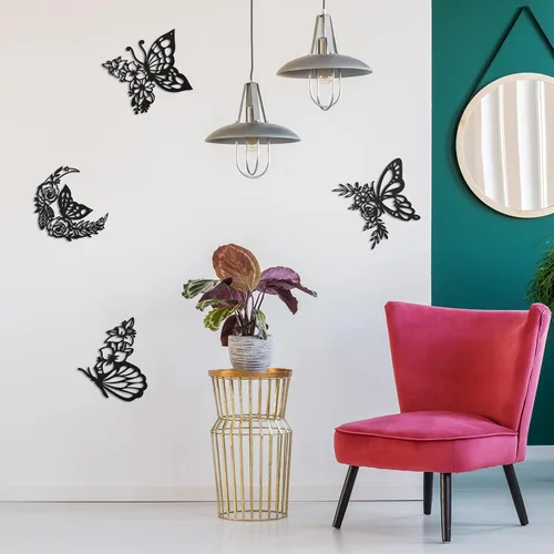 Vista 6 de LOYIM 4 piezas de decoración de pared de mariposa de metal, decoración de pared de hojas de metal, fases lunares, floral, bohemio, para colgar