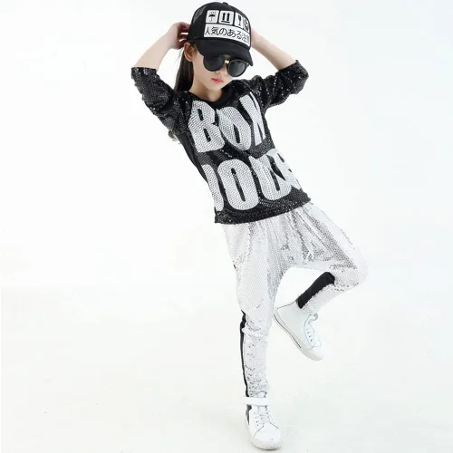 Vista 4 de LOLANTA Disfraz de baile para niños y niñas, ropa de hip hop con lentejuelas de los años 80 y 90, trajes brillantes de baile