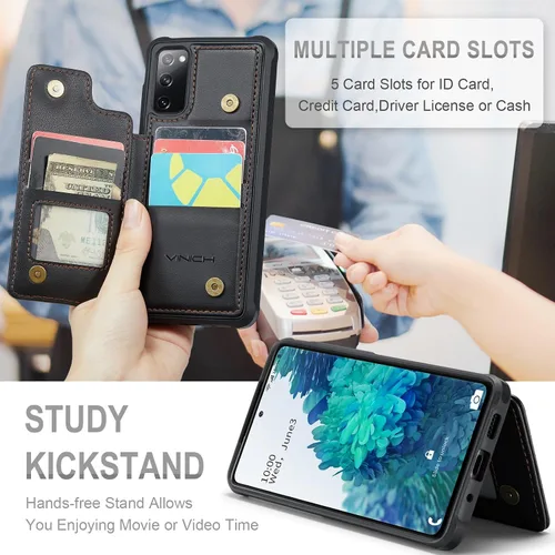 Vista 7 de Vinich - Funda tipo cartera para Samsung Galaxy S20 FE con tarjetero, color negro Ranuras de crédito con bloqueo RFID, soporte para teléfono a